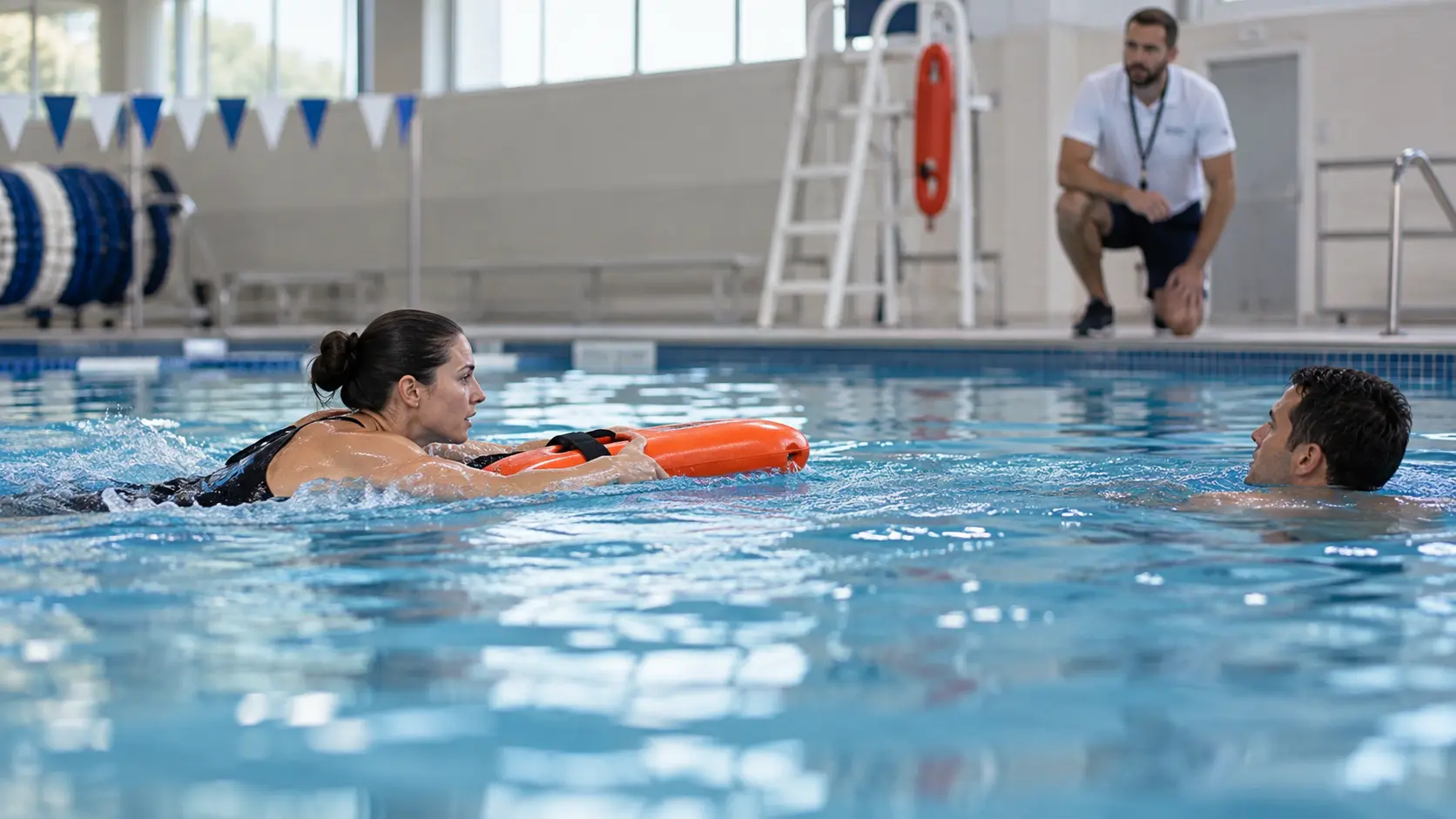 Professional lifeguard rescue training exercise in a swimming pool